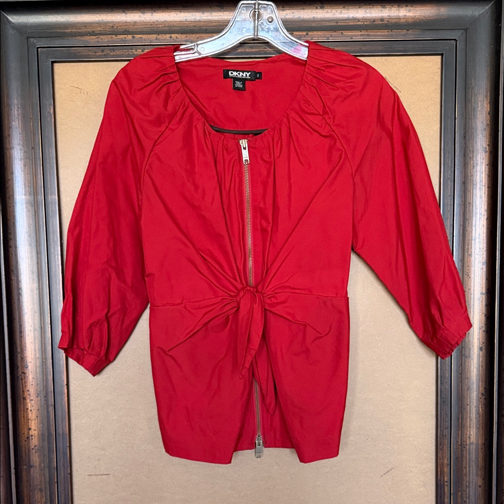 Dkny Red Tie-Front Jacket With Zipper And Tie